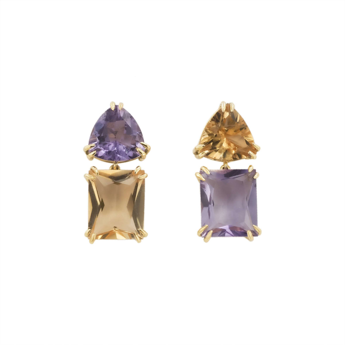 Brinco duplo kanju ouro amarelo ametista citrino