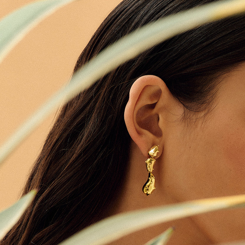 Brinco triplo agave prata com banho de ouro amarelo