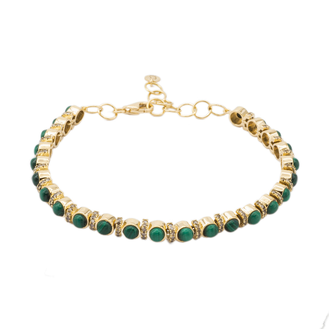 PULSEIRA ELLA OURO AMARELO DIAMANTES BROWN E MALAQUITA