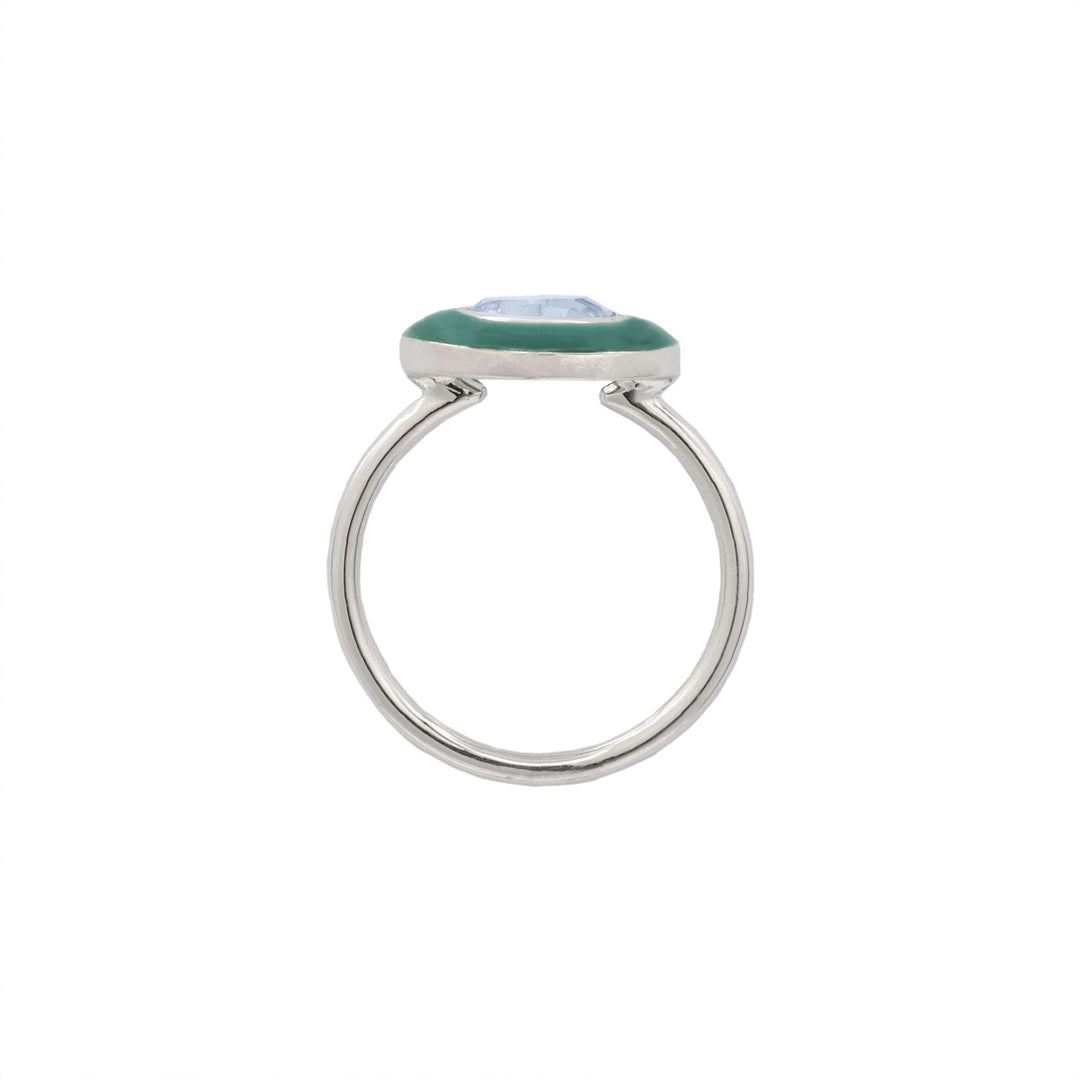 ANEL BOTÂNICA PALMEIRA IMPERIAL OURO BRANCO RESINA VERDE E TOPÁZIO SKY