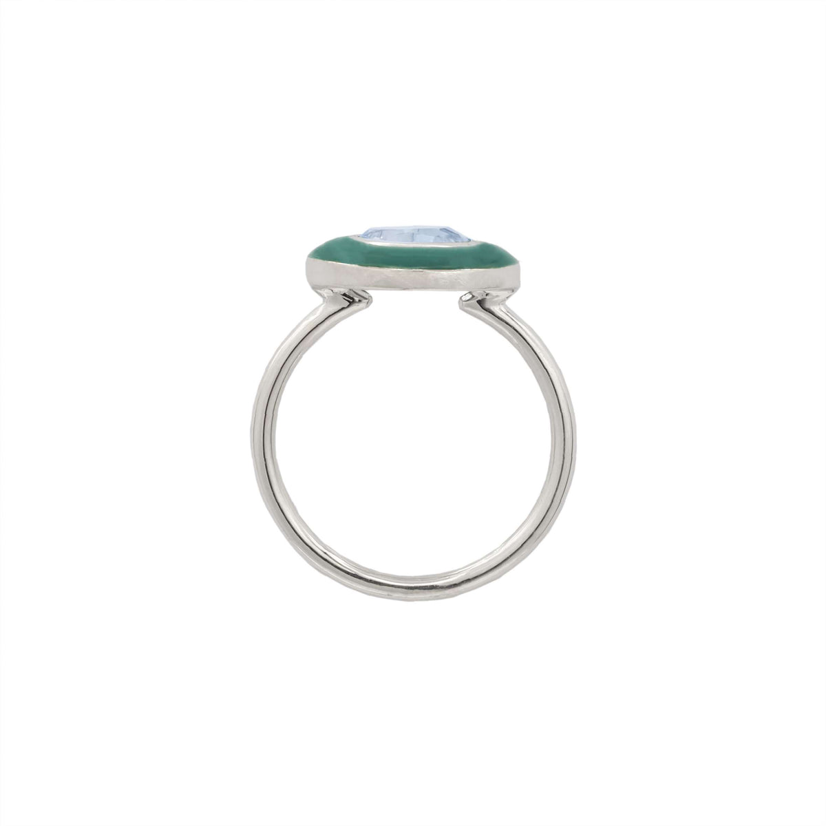 Anel botânica palmeira imperial ouro branco resina verde e topázio sky